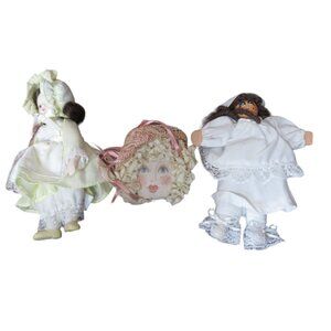 Set of 2 Dolls & Doll Head Pin - 6" 1985 Enesco & 6" Nurse Clothespin Dolls